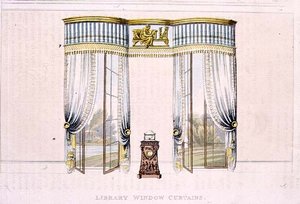 图书馆的窗帘，板块106来自阿克曼的《艺术汇编》，1819年出版（彩色平印）。 作者 英语学校