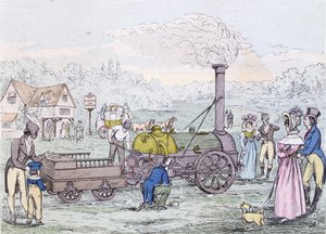 机车发动机，火箭在1830年，由乔治斯蒂芬森（1781-1848）建造（aquatint） 作者 英语学校