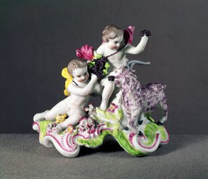 Longton Hall小组，两只带山羊的putti，c.1755（瓷器）