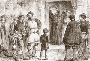 Luther将他的论文钉在了Wittemberg的Schloss-Kirk的门上，插图来自James Aitken Wylie（1808-1890），酒吧的新教历史。 1878年 作者 英语学校