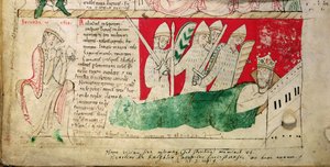 MS CCC 157 第 382 页：亨利一世国王 1130 年在诺曼底梦见的幻象，约 1140 年由伍斯特的约翰插入伍斯特的佛罗伦萨（卒于 1118 年）约 1130-40 年开始的编年史（羊皮纸）（95503 的细节） 作者 英语学校