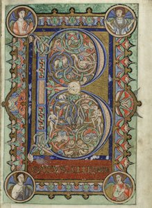 MS Hunter 229 f.22r 选自《亨特王朝诗篇》，约 1170 年（牛皮纸上的钢笔、墨水和蛋彩画） 作者 英语学校