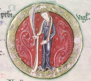 MS Hunter 229 f.4v Virgo，选自《Hunterian Psalter》，约 1170 年（牛皮纸上的钢笔、墨水和蛋彩画）（细节） 作者 英语学校