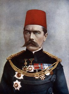 喀土穆和布鲁姆少将霍雷肖·赫伯特·基奇纳 (Horatio Herbert Kitchener) 勋爵 (1850-1916 年)，插图来自查尔斯·N·罗宾逊 (Charles N. Robinson) 的《陆军名人》，1900 年出版（彩色平版印刷） 作者 英语学校
