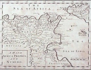 非洲本土和努米迪亚（现代突尼斯和阿尔及利亚）地图，18世纪末（雕版）。 作者 英语学校