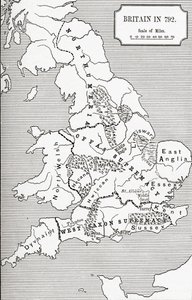 JR绿色的“英国人的短暂历史”中的792年英国地图，从“三国志”685到828年，1893年出版