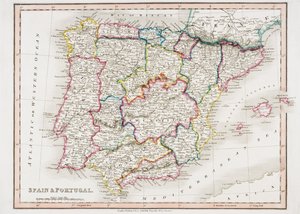 西班牙和葡萄牙地图，来自&39;Smith&39;s General Atlas&39;，由伦敦的C. Smith Mapseller于1850年出版（彩色光刻）