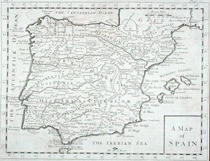 西班牙和葡萄牙地图，18世纪末（雕刻）。 作者 英语学校