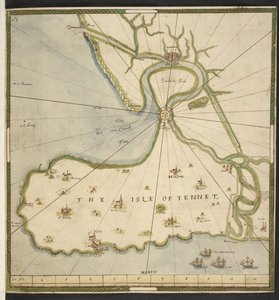 根据约翰-罗杰斯（John Rogers）约 1610 年绘制的萨尼特岛和桑威奇沼泽地图（纸张上的钢笔、墨水和水彩画 作者 英语学校