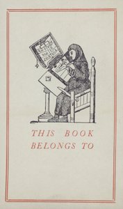 Medieval scribe working on a manuscript, book ownership label (colour litho) 作者 英语学校