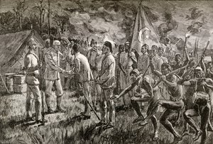 穆罕默德·艾明·帕夏和加埃塔诺·卡萨蒂于1889年（1890年）到达艾伯特湖的亨利·莫顿·斯坦利爵士的湖岸营地（木版画） 作者 英语学校