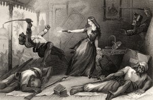 1857年Wheeler小姐在Cawnpore为Sepoys辩护，1858年出版的“印度叛变史”（版画） 作者 英语学校