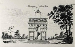 摩尔人亭，出自《怪诞建筑，或乡村娱乐》，作者威廉-赖特，1767年出版（雕刻）（黑白照片）。 作者 英语学校