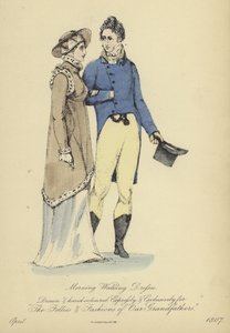 女士们和先生们的晨练服装（彩色雕刻）。 作者 英语学校