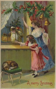 母亲和女儿，向圣诞老人挥手致意 (chromolitho) 作者 英语学校