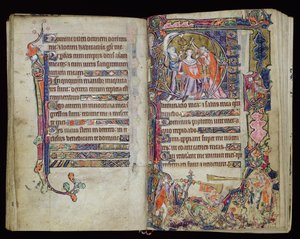 1-2005号女士，ff.38v-39r：大卫的恩膏，从麦克尔斯菲尔德Psalter起初的D起源，使用东安格利亚的萨鲁姆，c.1330 作者 英语学校