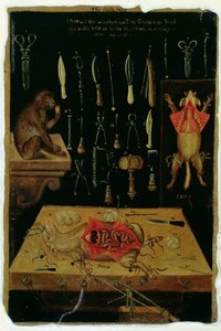 亨特女士 364 表 I 解剖仪器，来自解剖表，作者：约翰·巴尼斯特 (1540-1610)（牛皮纸油画） 作者 英语学校