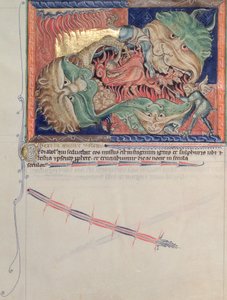 LA 139-Lisboa女士fol.71地狱的下颚吞噬了红龙，大海的野兽和地上的野兽，来自古尔本基安启示录，c.1265-70 作者 英语学校