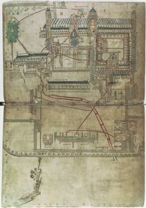 Ms R 171 f.285 坎特伯雷大教堂和管道系统的平面图，来自“Eadwine Psalter”，c.1150（牛皮纸） 作者 英语学校
