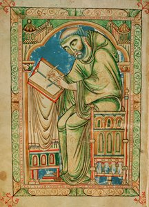 Ms R 17 I f.283v Monk Eadwine at work on the manuscript, Eadwine Psalter, c.1150 (vellum)   1415522   zh       chinese Successfully Translated  Original: Wild Oat Grass, Bristle Pointed Oat Grass, Narrow Leaved Perennial Oat Grass (colour litho) Translat:  作者 英语学校