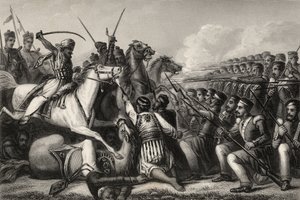 1857年，在1858年出版的“印度叛变的历史”中，突变者骑兵在Cawnpore战役中攻击了一个步兵广场 作者 English School