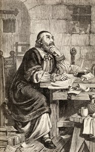 尼古拉斯·里德利在等待执行期间在狱中写信，1865年（木版画） 作者 英语学校