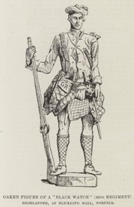 诺福克郡布里克林厅的 "黑色守望"（第42团）高地人的橡木雕像（雕版）。 作者 英语学校