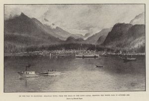 在前往史凯威镇克朗代克的路上，从林恩运河的起点，展示了 1897 年 10 月的怀特山口（石版画） 作者 英语学校