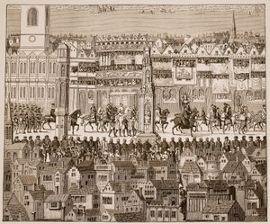 1647年爱德华六世加冕游行的一部分，经过16世纪的水彩画（棕褐色照片） 作者 英语学校