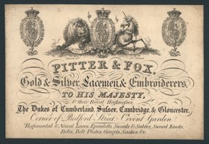 Pitter和Fox，金银Laceman和Embroiderers，贝德福德街，考文特花园，贸易卡 作者 英语学校