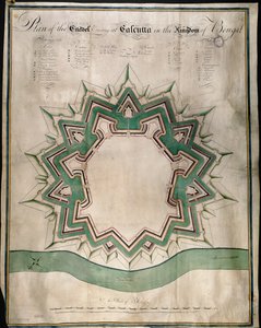 加尔各答城堡和威廉堡（东印度公司的防御仓库）平面图，约 1750 年（纸上钢笔、墨水和水彩画 作者 英语学校