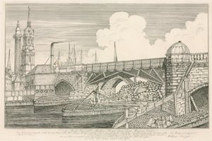 老伦敦桥的部分，在1827年在建筑工作期间被画 作者 英语学校