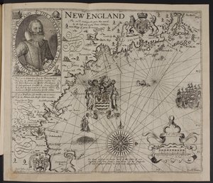 约翰-史密斯船长肖像。约翰-史密斯的《新英格兰描述：或观察......》中的新英格兰海岸图 作者 英语学校