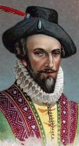 罗利，沃尔特爵士（1554-1618）的肖像。英国水手、探险家和经纪人 - 来自 "人的领袖 "系列 - 色版印刷 - 英国学校，20世纪 - 作者 英语学校
