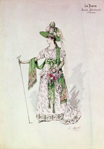 萨拉-伯恩哈特(1844-1923)的肖像，在维多利亚-萨杜(1831-1908)在莱西姆剧院演出的《托斯卡》中，1888年7月9日（彩色雕刻）。 作者 英语学校