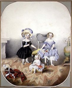 三位身着奇装异服的蓝眼睛女孩的肖像，约1840年（纸上水彩画） 作者 英语学校