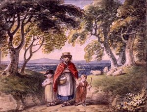 林地风景中的女人和两个孩子的肖像，约1820年（纸上水彩）。 作者 英语学校