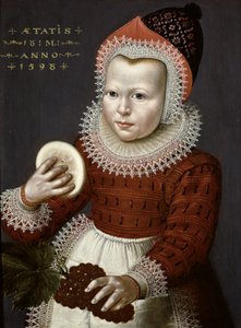 拿着面包和葡萄的一个女孩的画象，1598