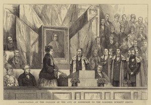向伯迪特-库茨男爵夫人赠送爱丁堡市自由勋章（雕刻）。 作者 英语学校