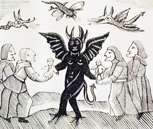 将孩子们呈现给魔鬼，来自兀兰的女巫的插图副本用于esoterica的书籍集合中 作者 英语学校