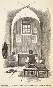 囚犯在工作制作鞋子在单独的牢房，插图从伦敦刑事监狱和场景从监狱生活亨利梅休和约翰宾尼，酒吧。 1862年 作者 英语学校