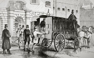 19世纪70年代，囚犯们登上一辆被称为 "黑色玛丽亚 "的警车（雕刻）。 作者 英语学校