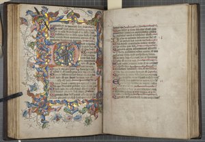 带有 Sarum 的圣咏使用日历，Fol 40 verso 41 recto，c.1425-75（牛皮纸上的墨水、油漆和金色） 作者 英语学校