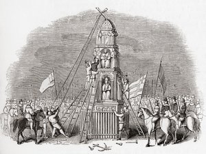 清教徒于 1643 年摧毁了英国伦敦的 Cheapside Cross（又名埃莉诺十字架），摘自《古老的英格兰》：图片博物馆》，1847 年出版。1847 作者 英语学校