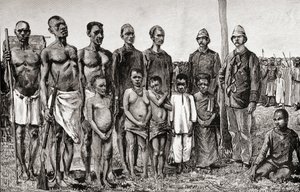 与1890年英国军官，苏丹人和桑给巴尔人相比，侏儒本地人（木版画） 作者 英语学校