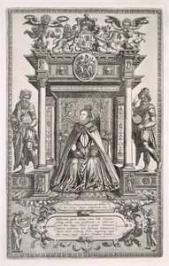 女王伊丽莎白一世（1533-1603）担任地理和天文学赞助人，1579年英国撒克逊地图书的正面 作者 英语学校