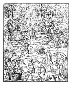 英国女王伊丽莎白一世（1533-1603）参加亨特野餐会，1575年由乔治·特伯维尔拍摄的“高贵的Venerie and Hunting艺术” 作者 英语学校