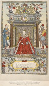作为地理学和天文学赞助人的伊丽莎白女王。1579 年萨克斯顿的《英格兰威尔士地图集》（彩色石版印刷）的封面插图 作者 英语学校
