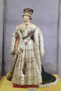 维多利亚女王（1819-1901）娃娃穿着她的加冕长袍，1840年（蜡） 作者 英语学校