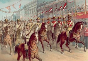 1897年维多利亚女王的钻石庆典，维多利亚步枪队和新南威尔士长枪队经过Pall Mall(chromolitho) 作者 英语学校